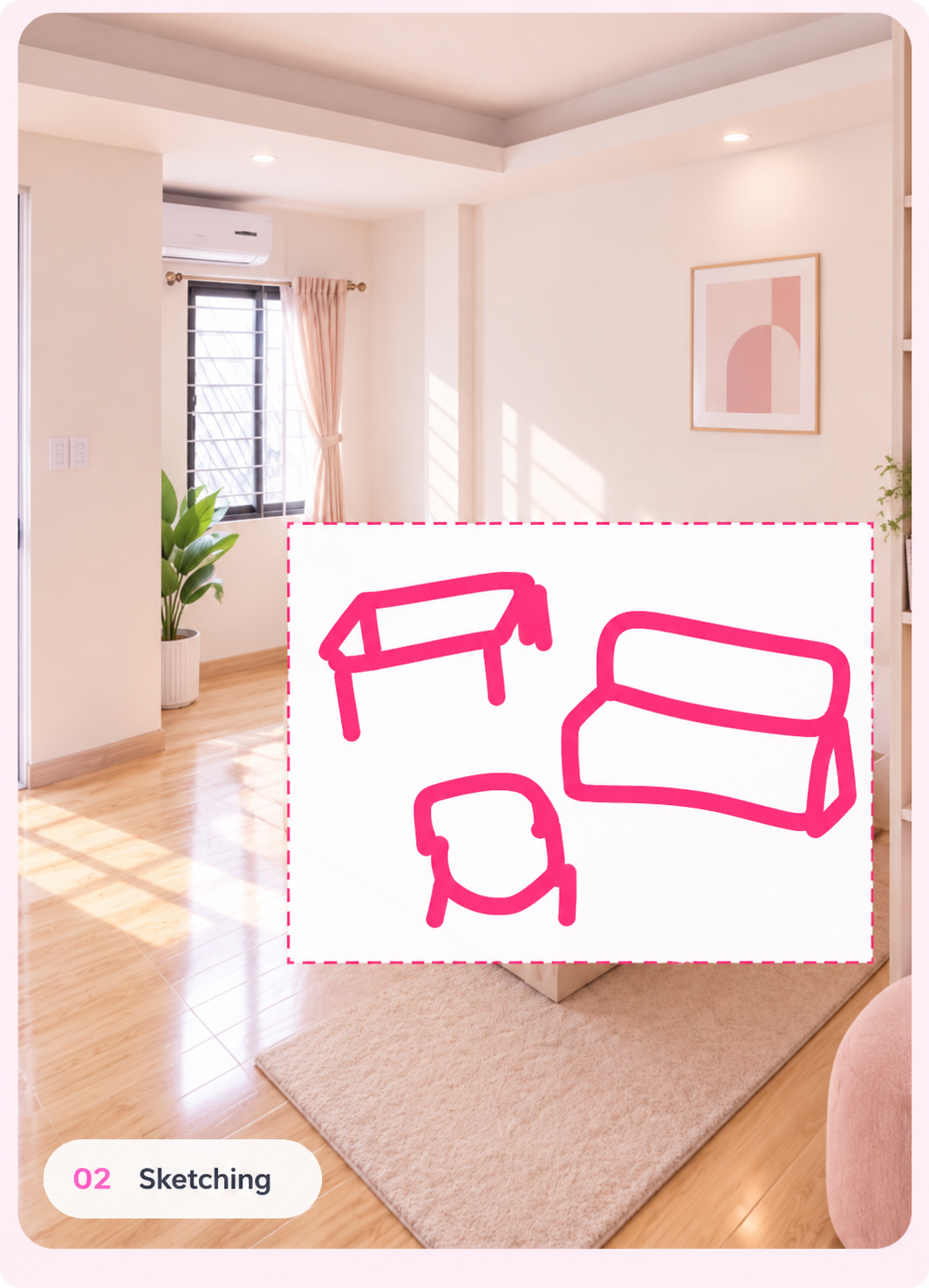 Room with a white edit area and pink furniture sketch